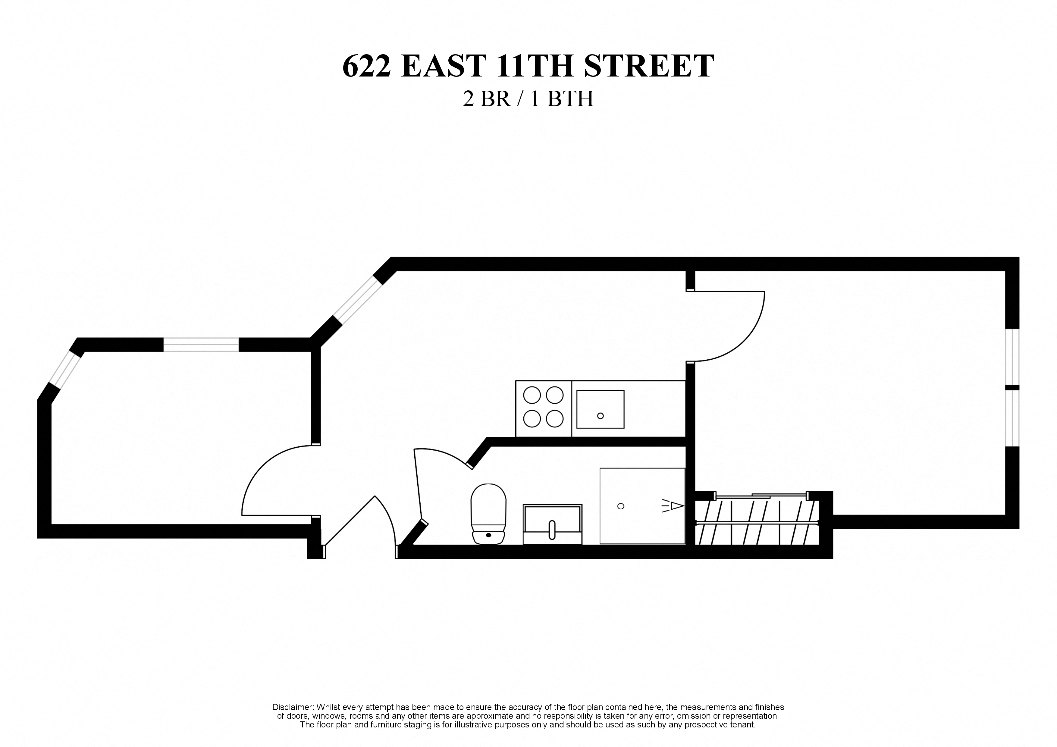 Floor plan for 2 beds, 1 bath, 300 sqft